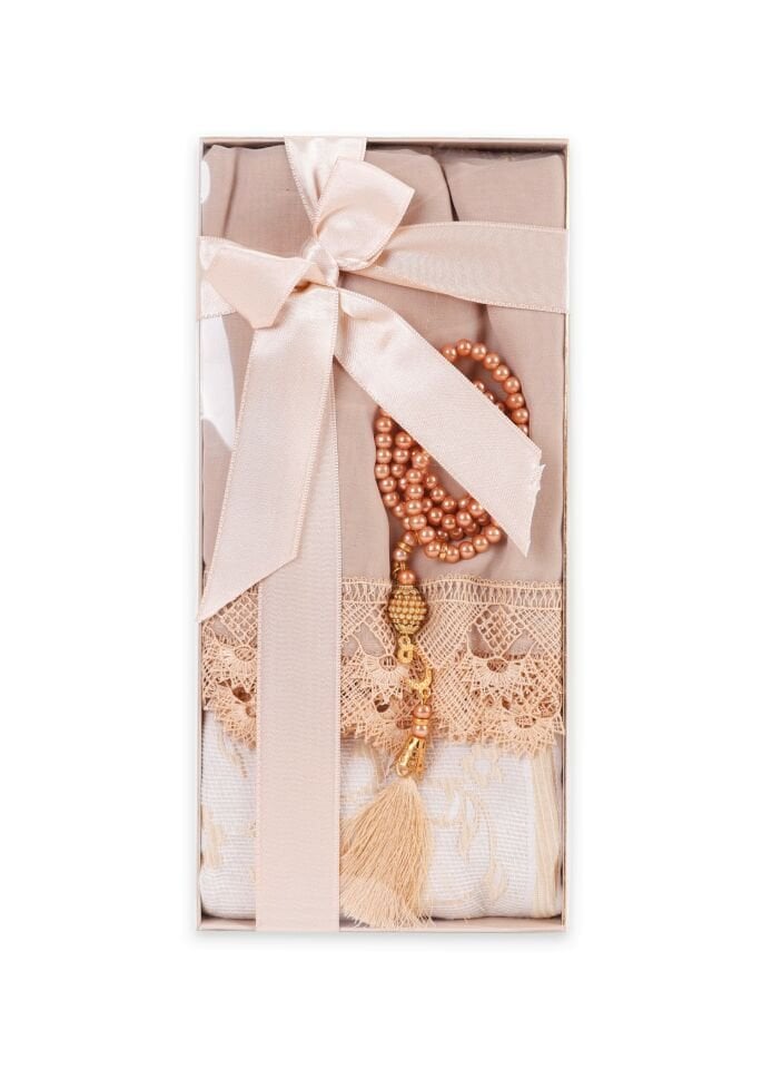 ECRİN SERİSİ KUTULU (Pamuk Seccade+Güpürlü Şal+İnci Tespih) NO:1 GOLD