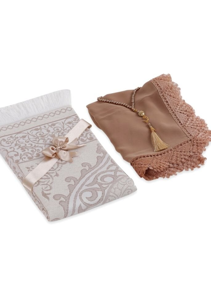 ECRİN SERİSİ KUTULU (Pamuk Seccade+Güpürlü Şal+İnci Tespih) NO:1 GOLD