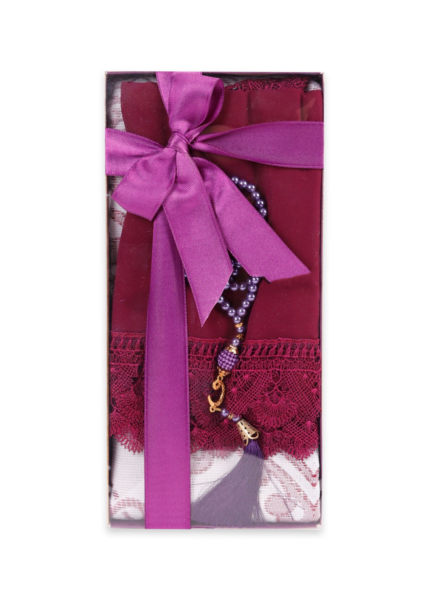 ECRİN SERİSİ KUTULU (Pamuk Seccade+Güpürlü Şal+İnci Tespih) NO:1 MÜRDÜM