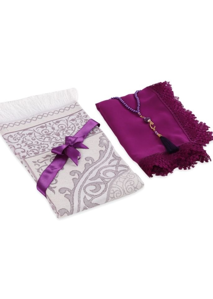 ECRİN SERİSİ KUTULU (Pamuk Seccade+Güpürlü Şal+İnci Tespih) NO:1 MÜRDÜM