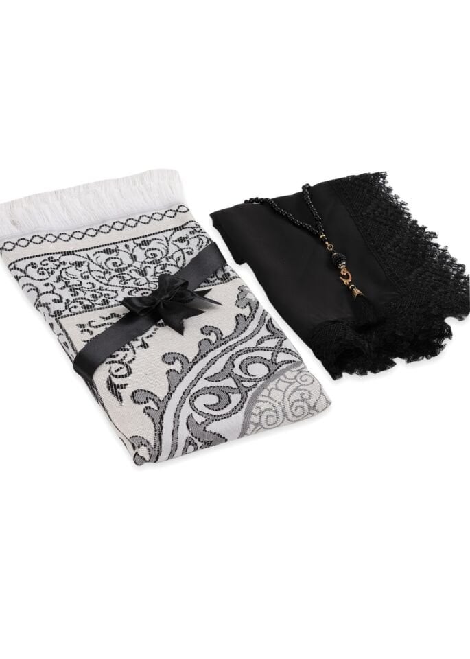 ECRİN SERİSİ KUTULU (Pamuk Seccade+Güpürlü Şal+İnci Tespih) NO:1 SİYAH