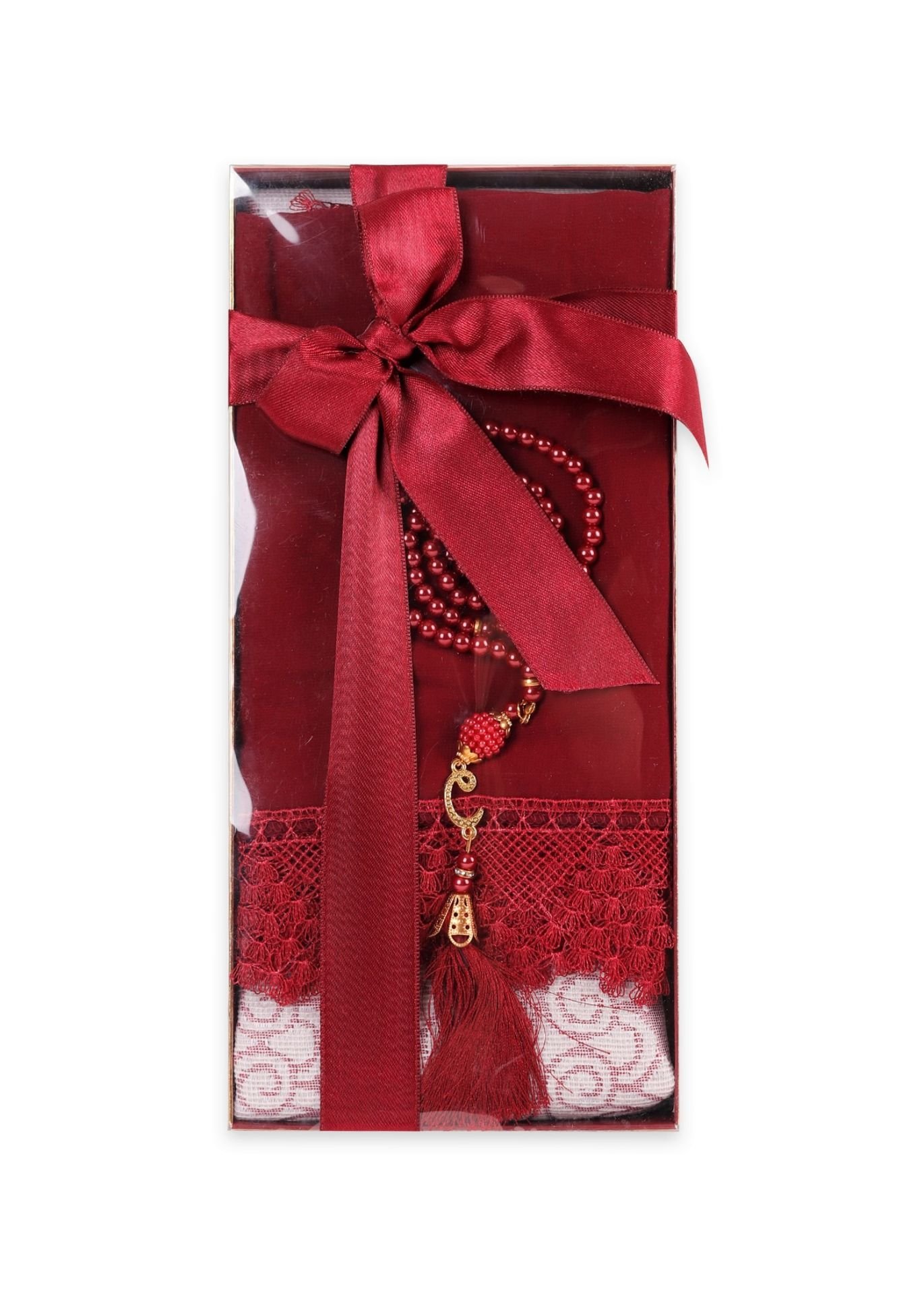 ECRİN SERİSİ KUTULU (Pamuk Seccade+Güpürlü Şal+İnci Tespih) NO:1 BORDO