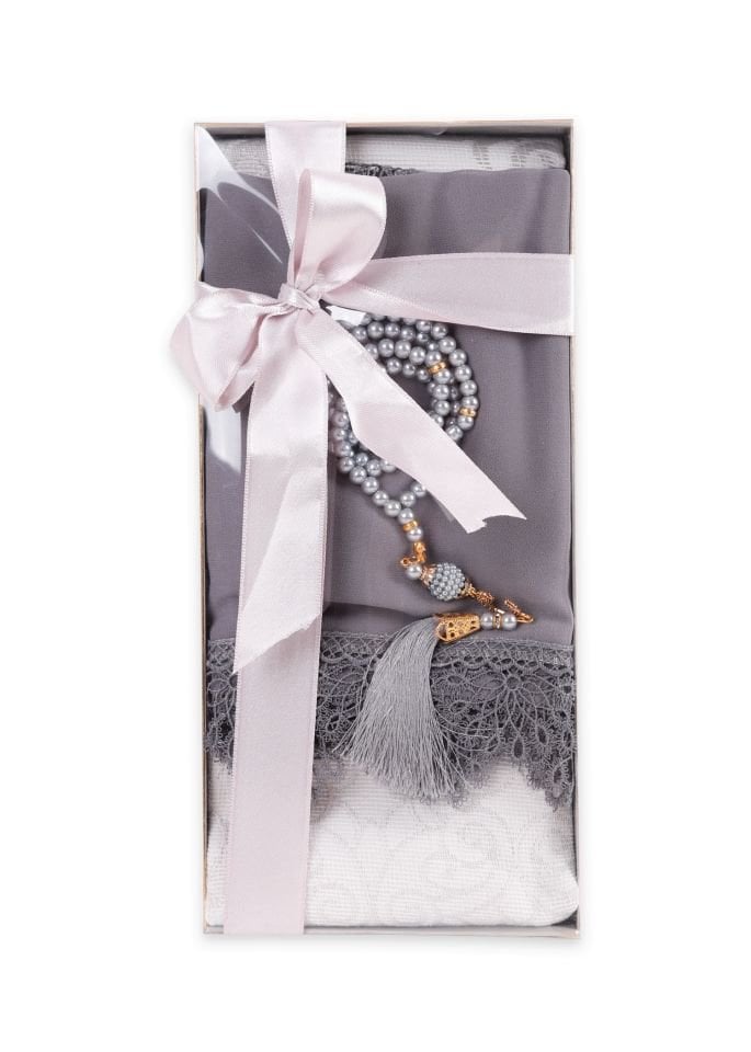 ECRİN SERİSİ KUTULU (Pamuk Seccade+Güpürlü Şal+İnci Tespih) NO:1 GRİ