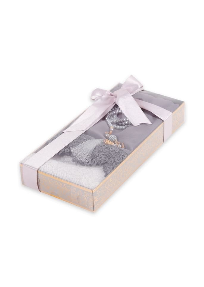ECRİN SERİSİ KUTULU (Pamuk Seccade+Güpürlü Şal+İnci Tespih) NO:1 GRİ