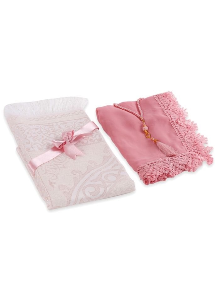 ECRİN SERİSİ KUTULU (Pamuk Seccade+Güpürlü Şal+İnci Tespih) NO:1 PUDRA