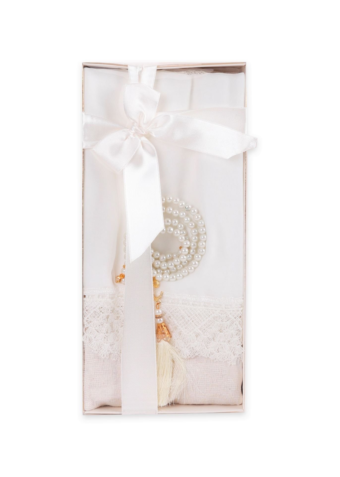 ECRİN SERİSİ KUTULU (Pamuk Seccade+Güpürlü Şal+İnci Tespih) NO:1 KREM