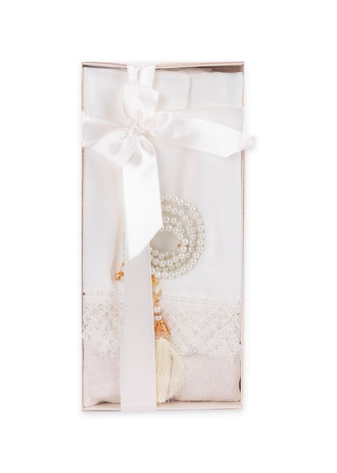 ECRİN SERİSİ KUTULU (Pamuk Seccade+Güpürlü Şal+İnci Tespih) NO:1 KREM