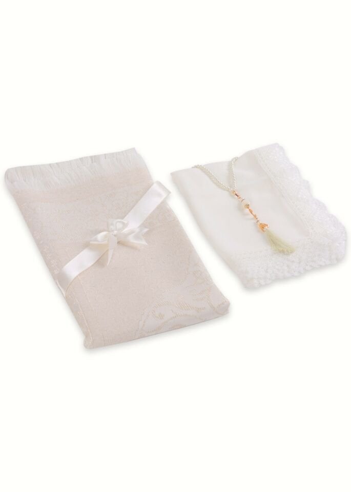 ECRİN SERİSİ KUTULU (Pamuk Seccade+Güpürlü Şal+İnci Tespih) NO:1 KREM