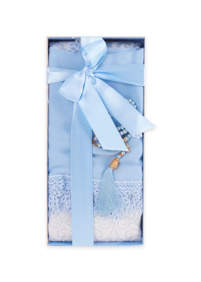 ECRİN SERİSİ KUTULU (Pamuk Seccade+Güpürlü Şal+İnci Tespih) NO:1 BEBE MAVİ