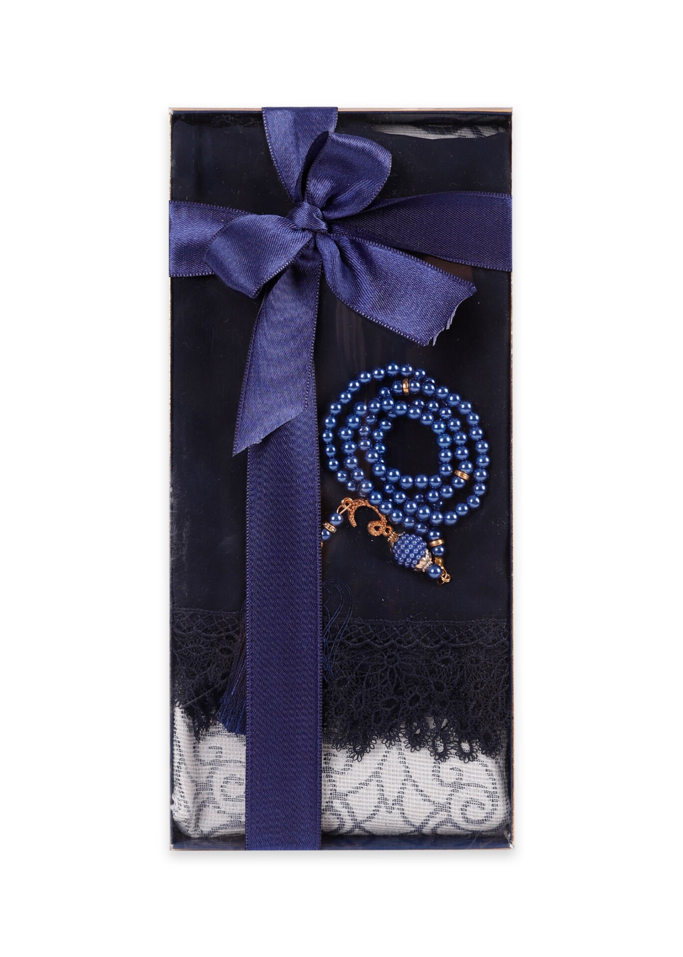 ECRİN SERİSİ KUTULU (Pamuk Seccade+Güpürlü Şal+İnci Tespih) NO:1 LACİVERT