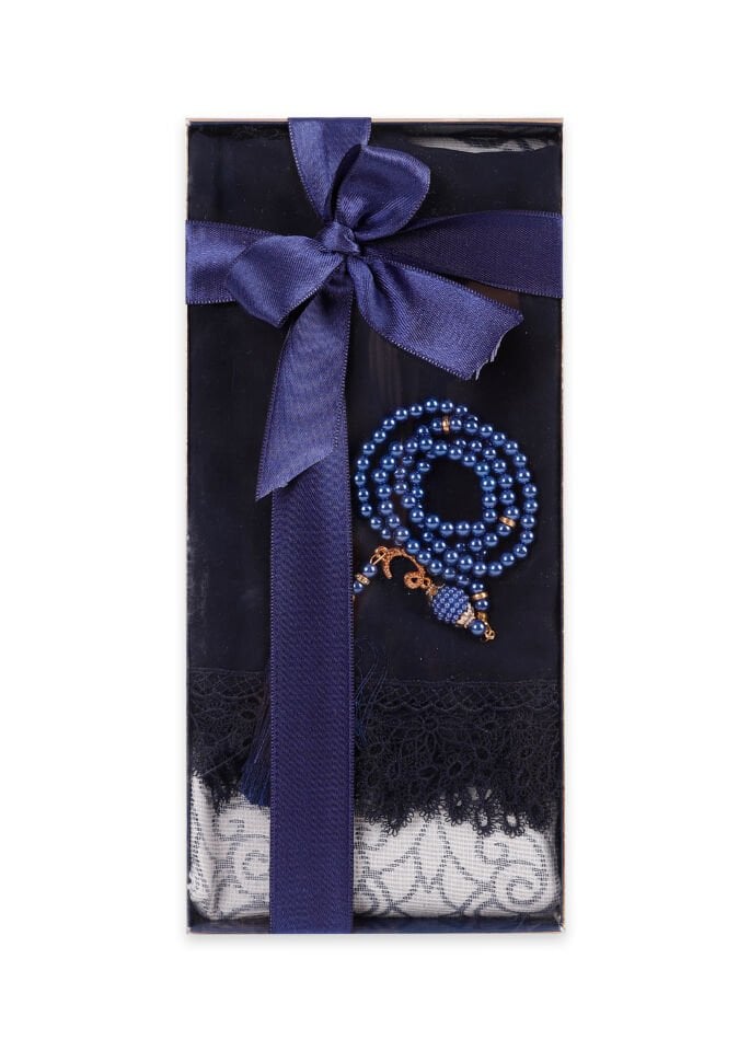 ECRİN SERİSİ KUTULU (Pamuk Seccade+Güpürlü Şal+İnci Tespih) NO:1 LACİVERT