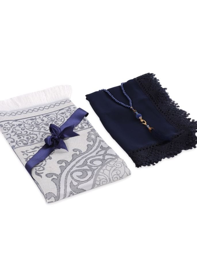 ECRİN SERİSİ KUTULU (Pamuk Seccade+Güpürlü Şal+İnci Tespih) NO:1 LACİVERT