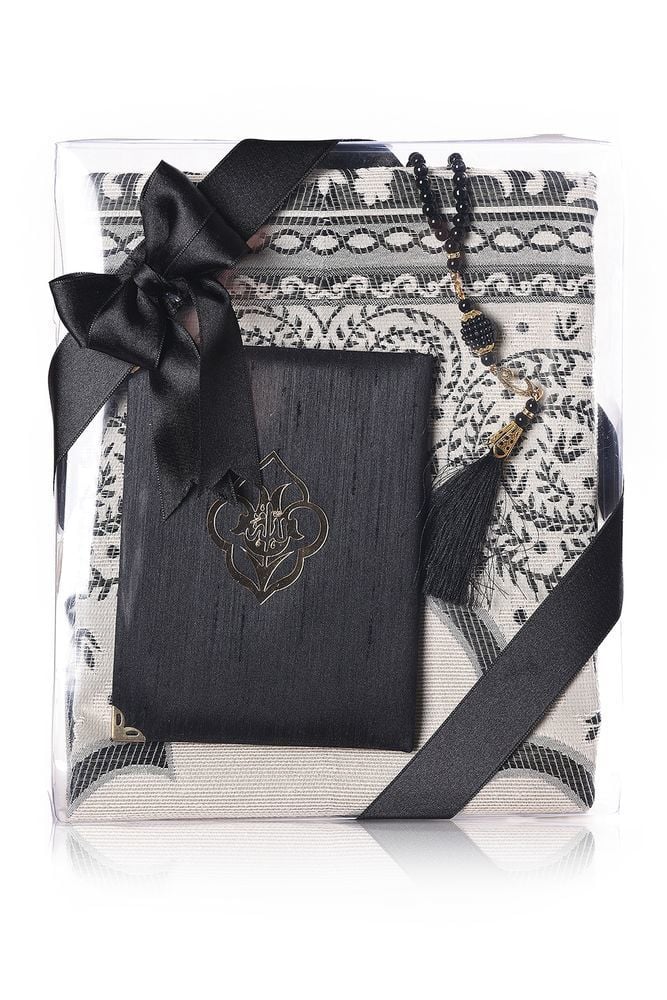 Kare Asetat Set (Pamuk Seccade+Yasin+İnci Tespih) SİYAH