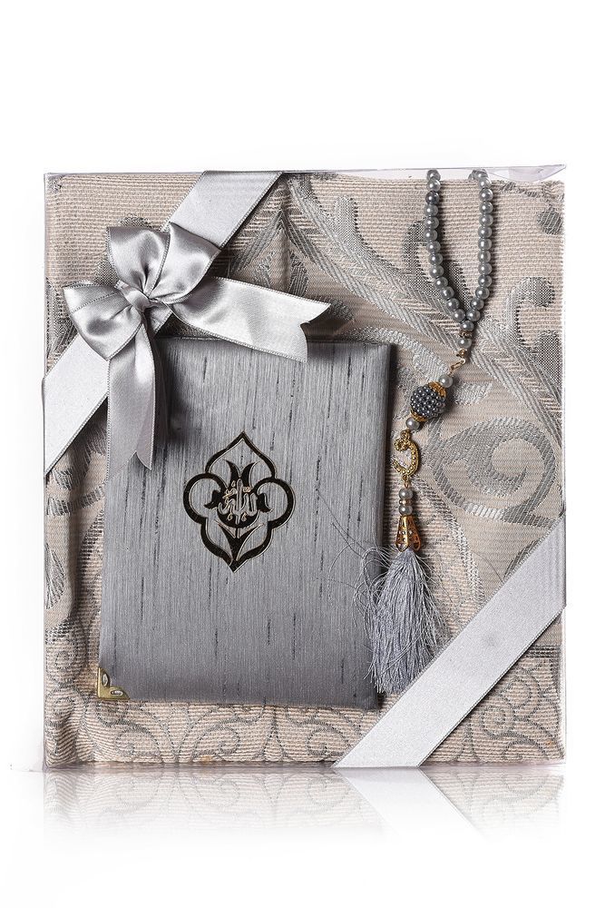 Kare Asetat Set (Pamuk Seccade+Yasin+İnci Tespih) GRİ