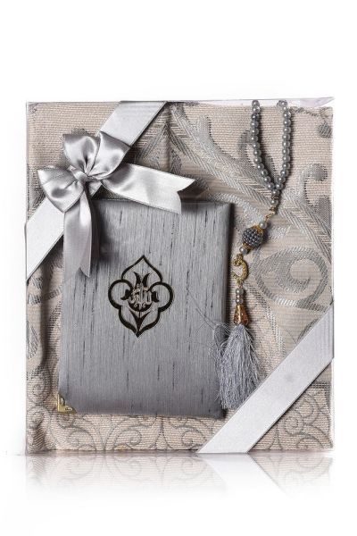 Kare Asetat Set (Pamuk Seccade+Yasin+İnci Tespih) GRİ