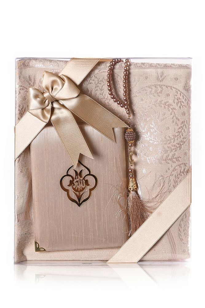 Kare Asetat Set (Pamuk Seccade+Yasin+İnci Tespih) KAPUÇİNO