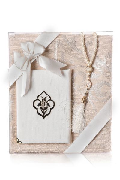 Kare Asetat Set (Pamuk Seccade+Yasin+İnci Tespih) KREM