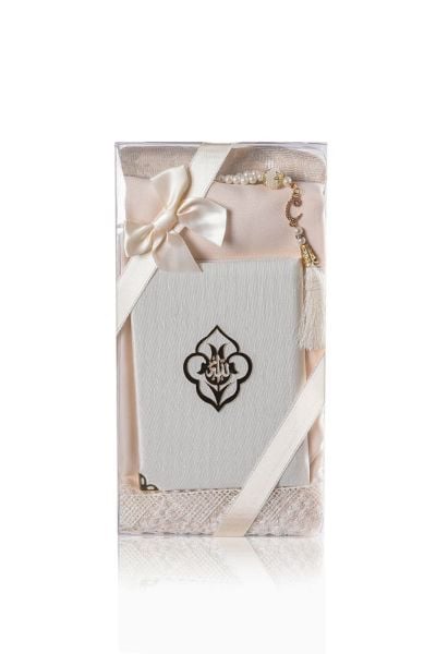 AFRA SERİSİ 4'lü SET ( Pamuk Seccade+ İnci Tespih +Yasin + Güpürlü Şal ) NO:2 KREM