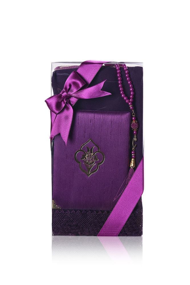 AFRA SERİSİ 4'lü SET ( Pamuk Seccade+ İnci Tespih +Yasin + Güpürlü Şal ) NO:2 MÜRDÜM