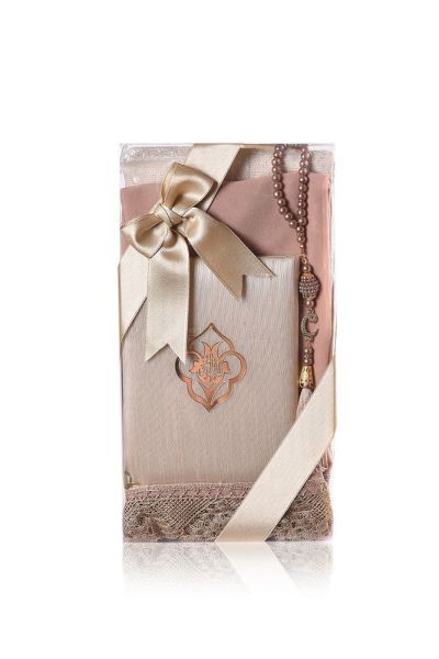 AFRA SERİSİ 4'lü SET ( Pamuk Seccade+ İnci Tespih +Yasin + Güpürlü Şal ) NO:2 GOLD