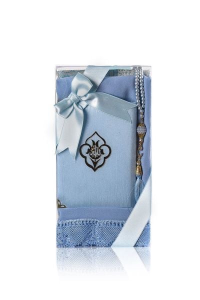 AFRA SERİSİ 4'lü SET ( Pamuk Seccade+ İnci Tespih +Yasin + Güpürlü Şal ) NO:2 BEBE MAVİ