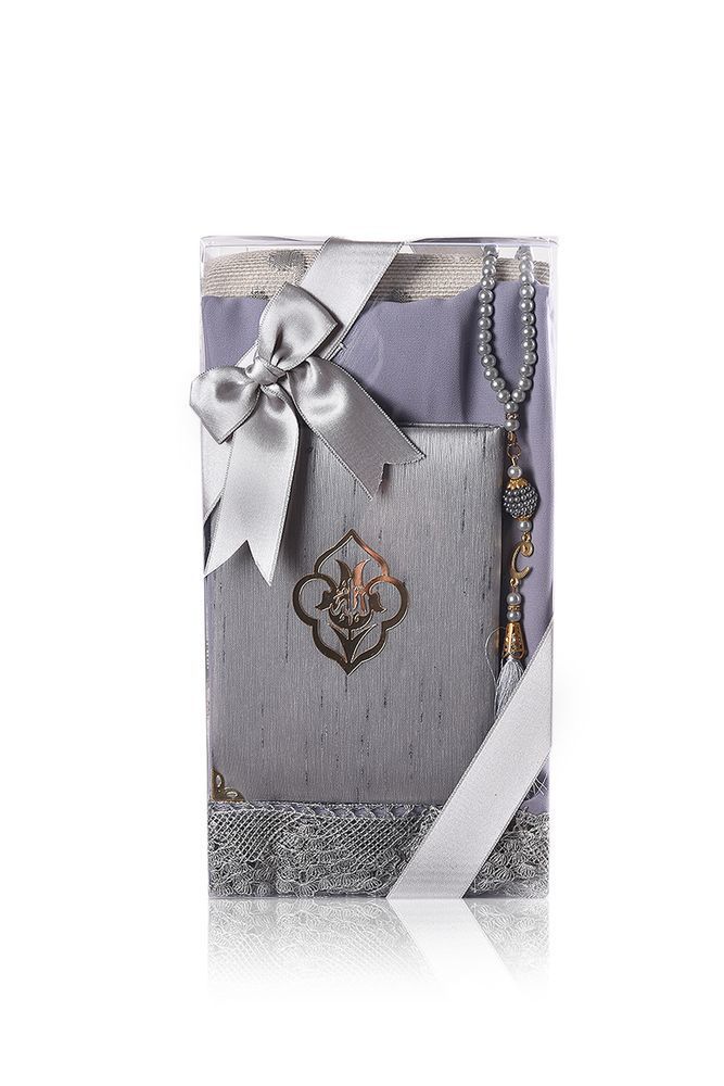 AFRA SERİSİ 4'lü SET ( Pamuk Seccade+ İnci Tespih +Yasin + Güpürlü Şal ) NO:2 GRİ