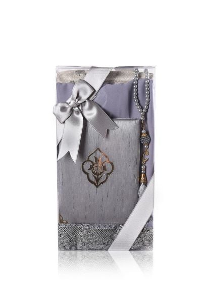 AFRA SERİSİ 4'lü SET ( Pamuk Seccade+ İnci Tespih +Yasin + Güpürlü Şal ) NO:2 GRİ