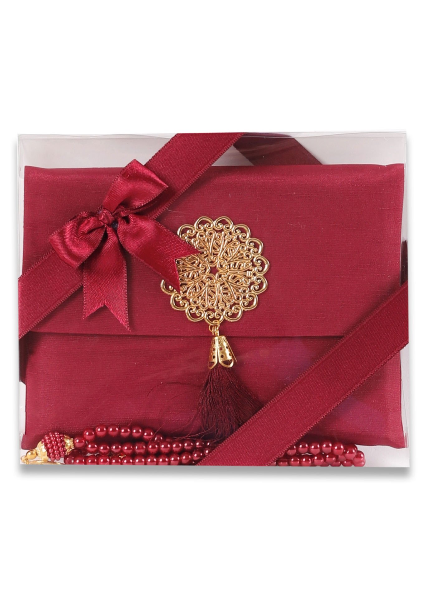 MEVA SERİSİ 3'lü SET (Madalyonlu Çanta+ Şantuk Yasin+ İnci Tespih) NO:2 BORDO