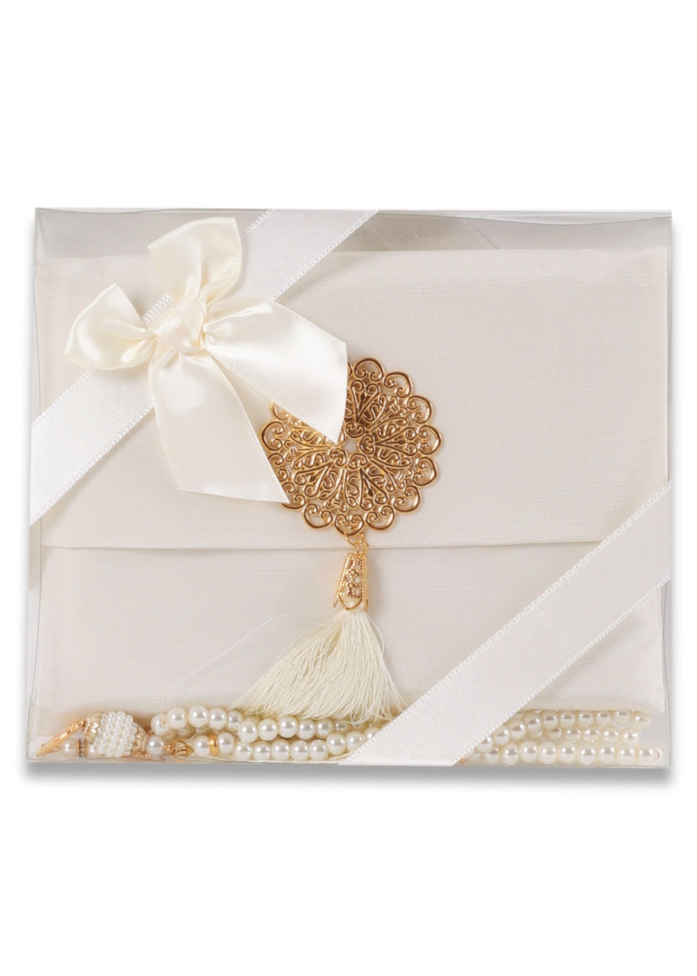 MEVA SERİSİ 3'lü SET (Madalyonlu Çanta+ Şantuk Yasin+ İnci Tespih) NO:2 KREM