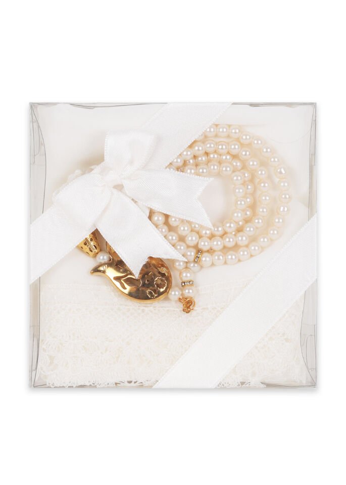 Asetat Set (Güpürlü Şal+İnci Tespih) KREM