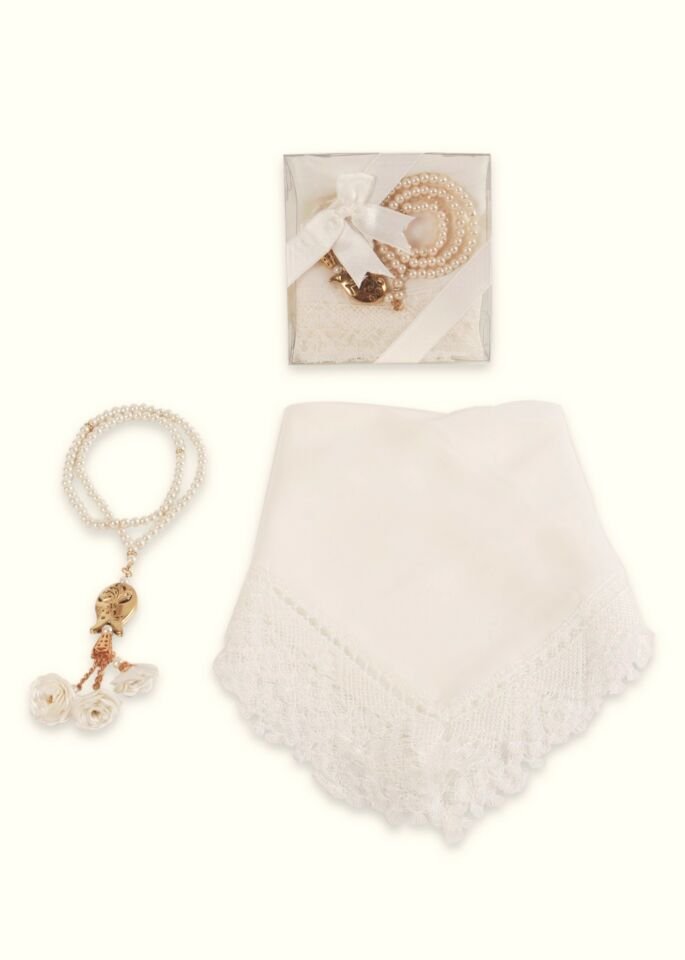 Asetat Set (Güpürlü Şal+İnci Tespih) KREM
