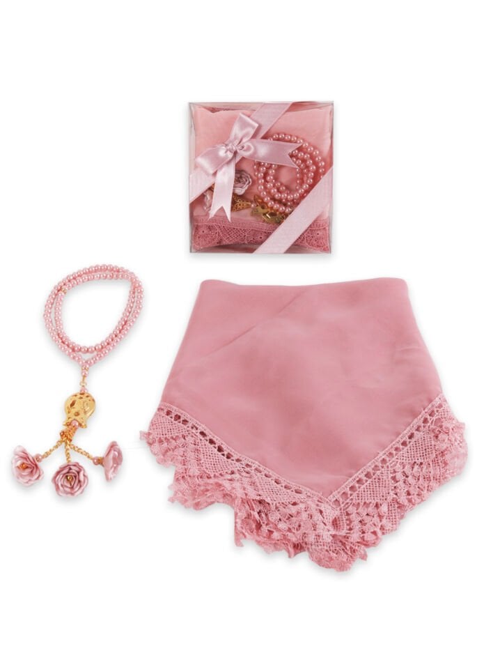 Asetat Set (Güpürlü Şal+İnci Tespih) PUDRA