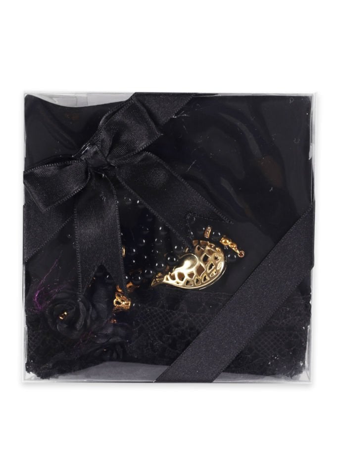 Asetat Set (Güpürlü Şal+İnci Tespih) SİYAH