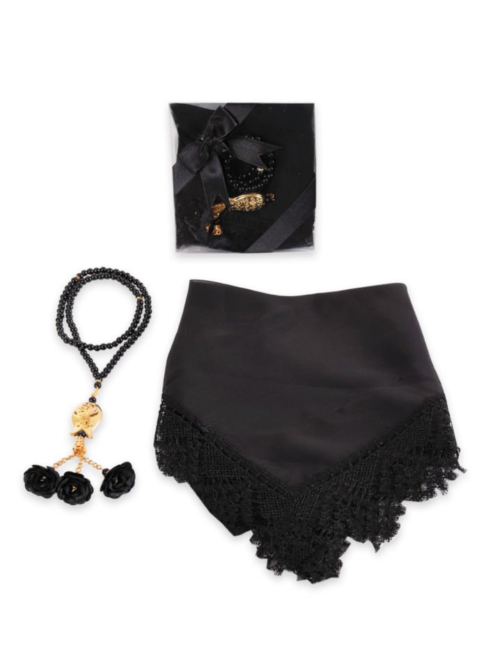 Asetat Set (Güpürlü Şal+İnci Tespih) SİYAH