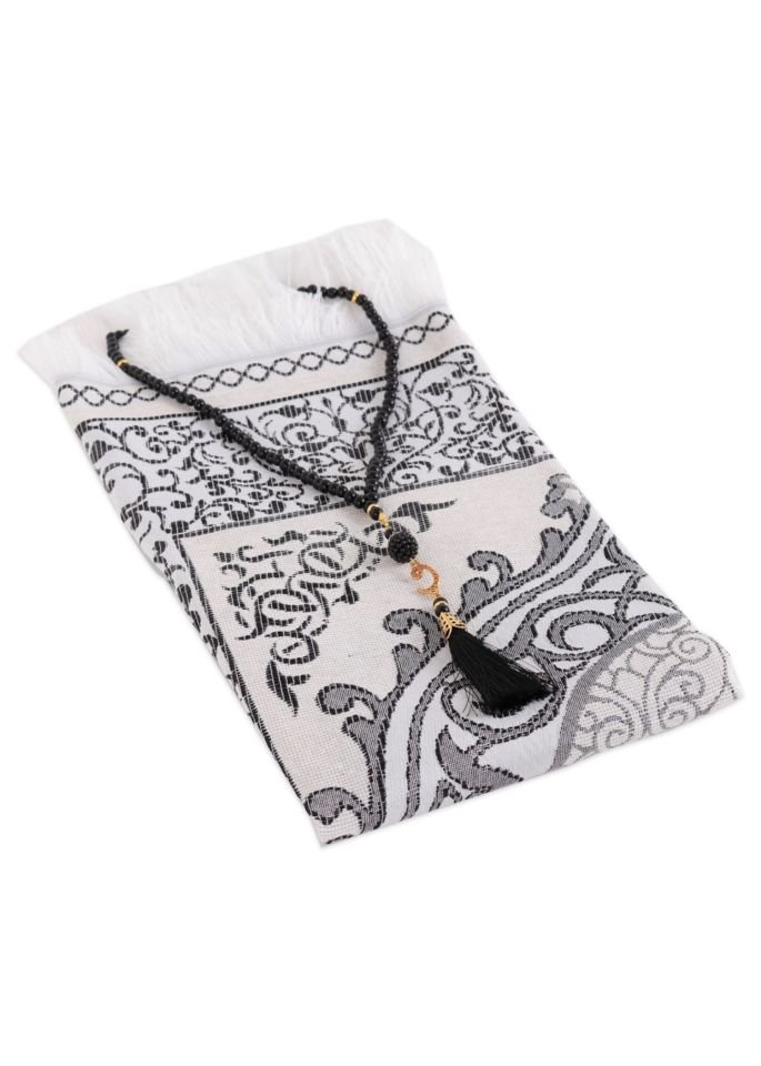 ZÜMRA SERİSİ 2'Lİ SET ( Dikdörtgen Kutulu Seccade+Tespih ) SİYAH