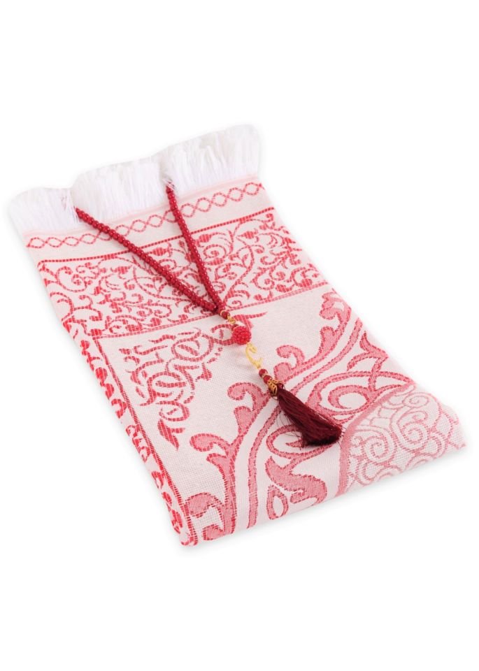 ZÜMRA SERİSİ 2'Lİ SET ( Dikdörtgen Kutulu Seccade+Tespih ) BORDO