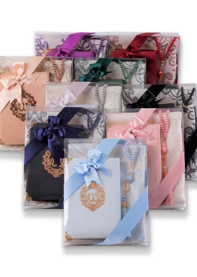 ASEL SERİSİ 3'lü SET (Pamuk Seccade + İnci Tespih + Şantuk Kuran) NO:2