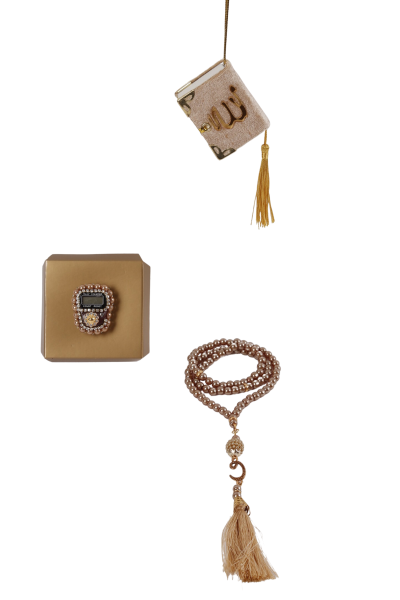 Asetat Mini Kuran+İnci Tespih+Taş Zikirmatik GOLD