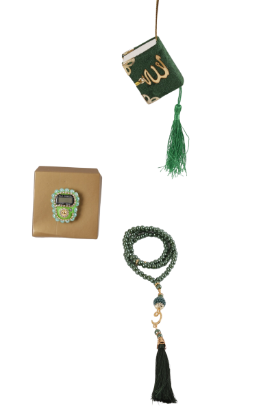 Asetat Mini Kuran+İnci Tespih+Taş Zikirmatik YEŞİL