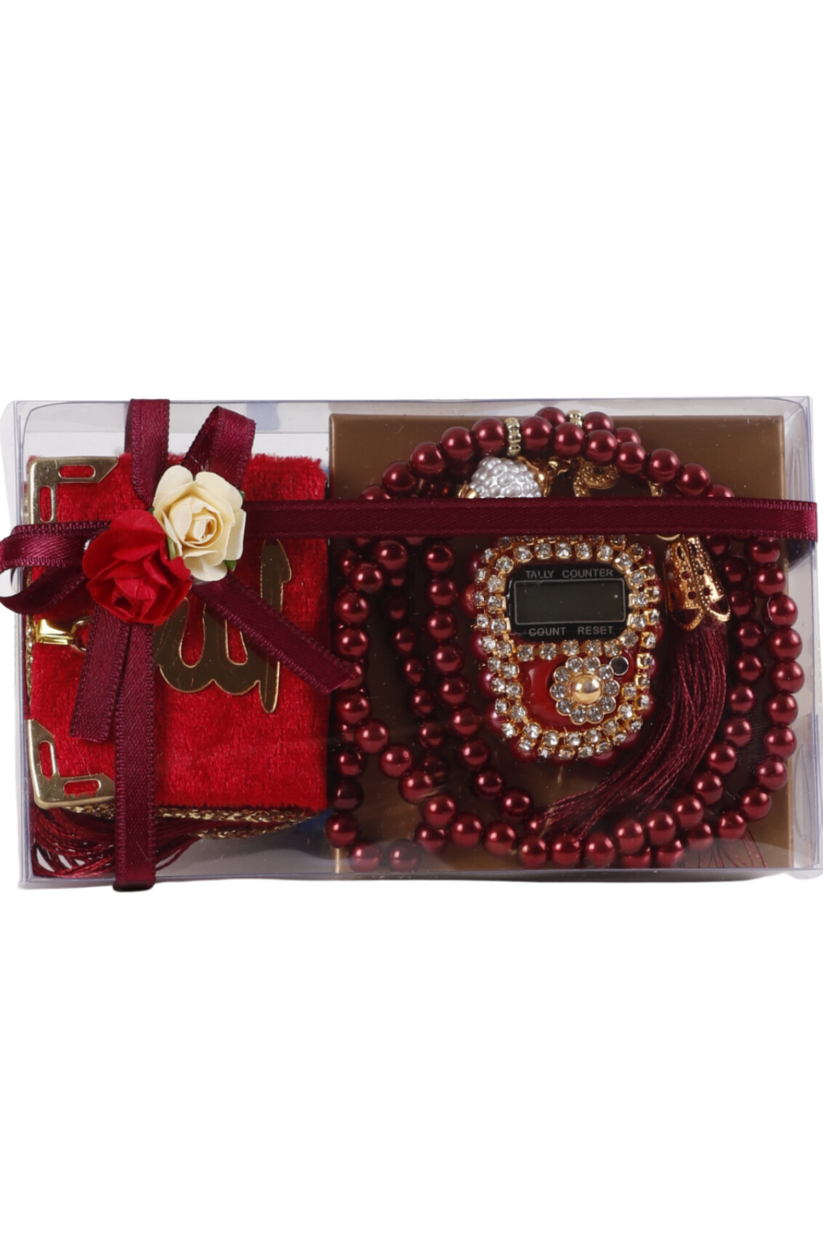 Asetat Mini Kuran+İnci Tespih+Taş Zikirmatik BORDO