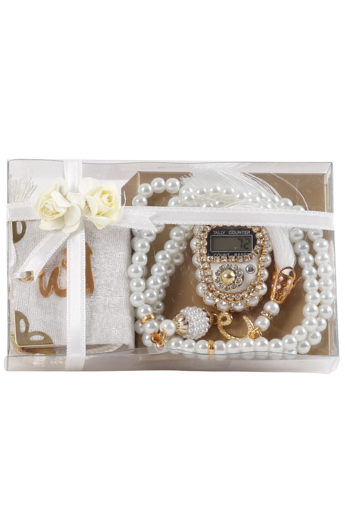 Asetat Mini Kuran+İnci Tespih+Taş Zikirmatik KREM