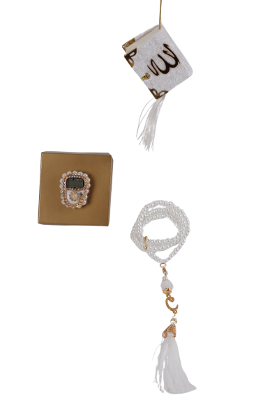 Asetat Mini Kuran+İnci Tespih+Taş Zikirmatik KREM