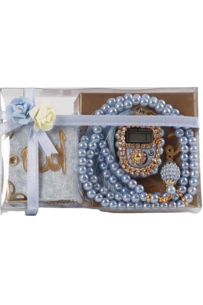 Asetat Mini Kuran+İnci Tespih+Taş Zikirmatik BEBE MAVİ