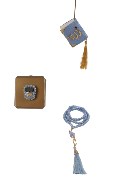 Asetat Mini Kuran+İnci Tespih+Taş Zikirmatik BEBE MAVİ