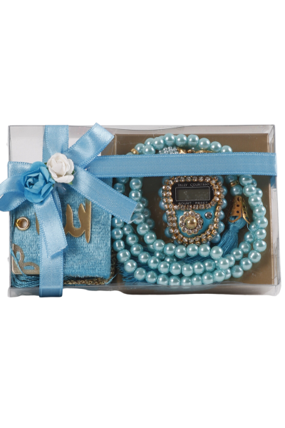 Asetat Mini Kuran+İnci Tespih+Taş Zikirmatik TURKUAZ