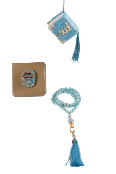 Asetat Mini Kuran+İnci Tespih+Taş Zikirmatik TURKUAZ