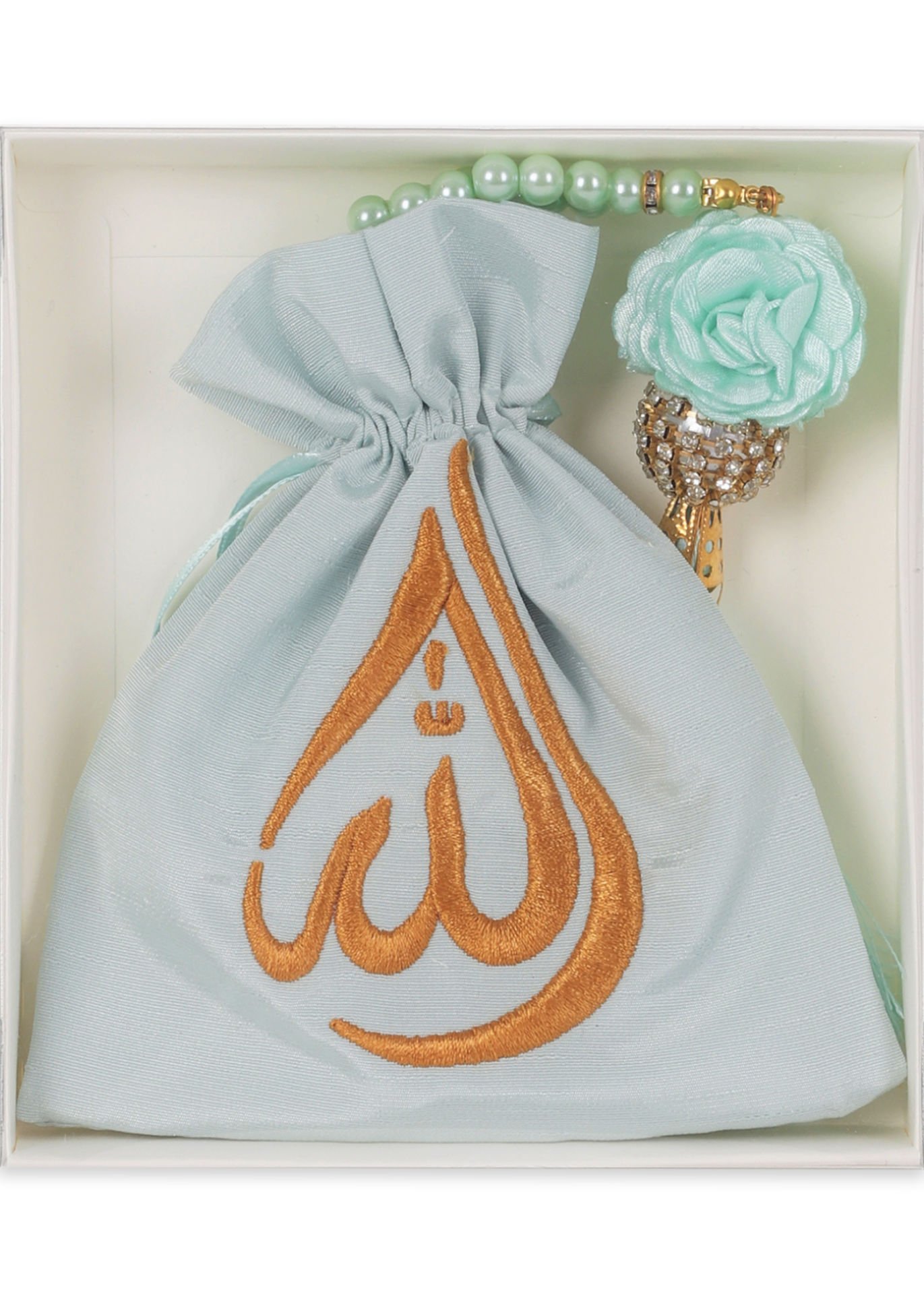 Kutulu İşlemeli Kese+Disko Toplu Tespih SU YEŞİLİ