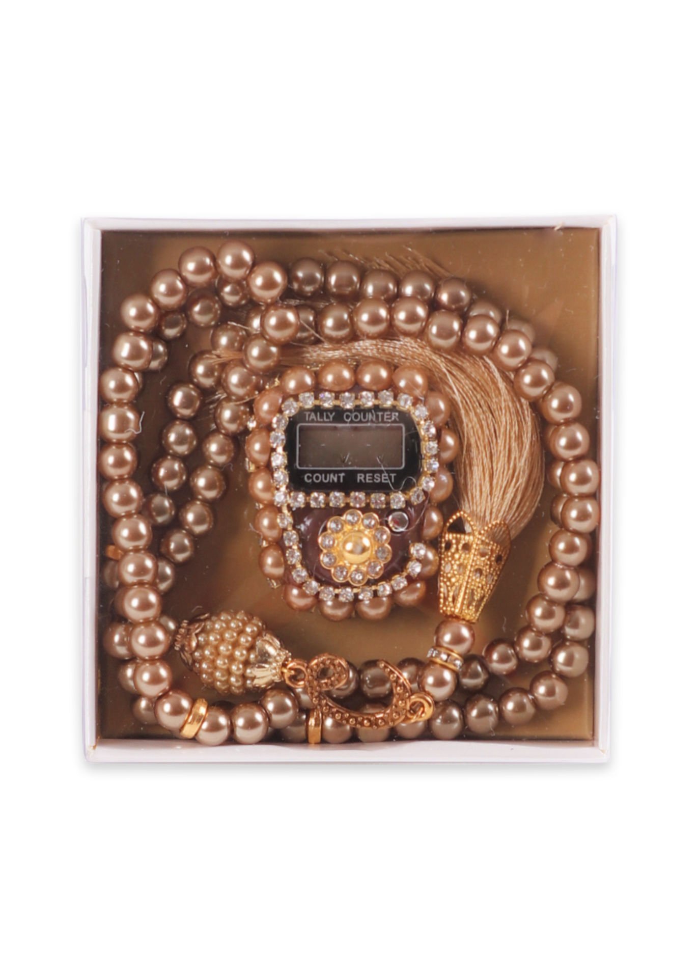 Taşlı Çiçekli Zikirmatik+ İnci Tespih (Kutulu) GOLD