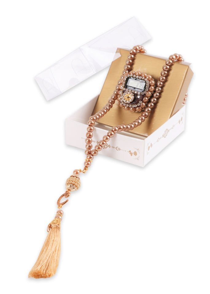 Taşlı Çiçekli Zikirmatik+ İnci Tespih (Kutulu) GOLD