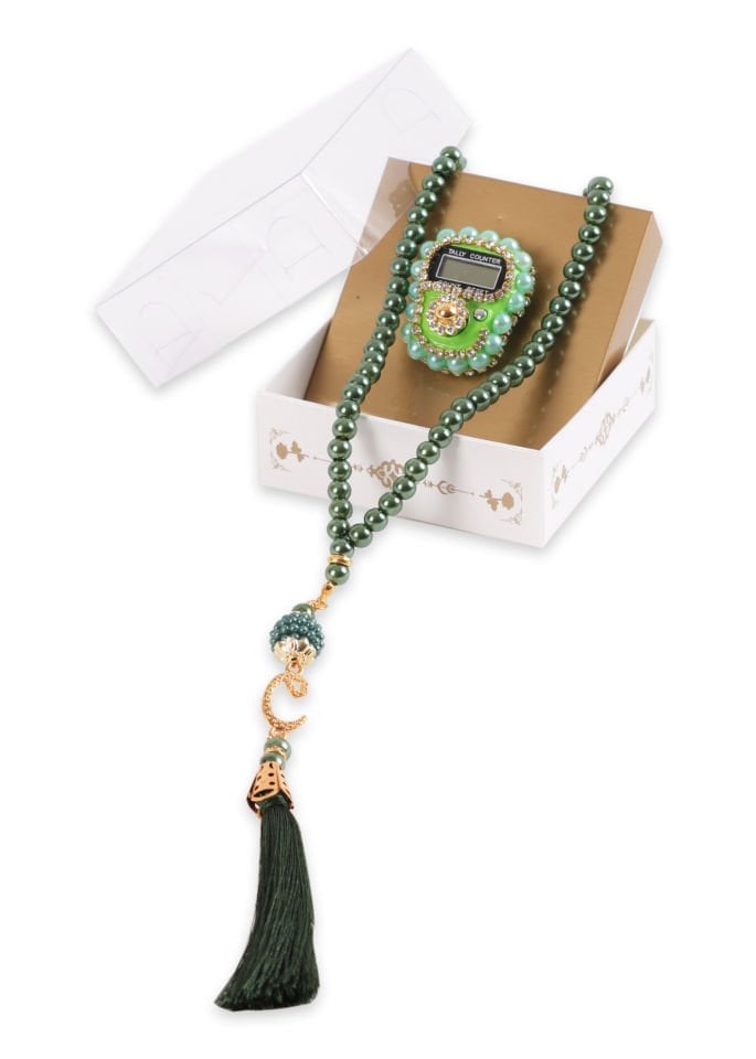 Taşlı Çiçekli Zikirmatik+ İnci Tespih (Kutulu) YEŞİL
